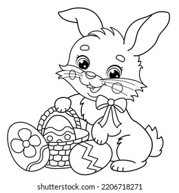 Coloring Page Outline Of cartoon cute Easter bunny with a basket of eggs and sweets. Coloring Book for kids.