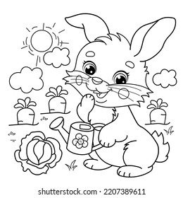 Coloring Page Outline Of cartoon cute bunny or rabbit with a watering can and with carrot and cabbage. Vegetable garden. Coloring Book for kids.