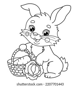 Coloring Page Outline Of cartoon cute bunny or rabbit with a basket with carrot and cabbage. Coloring Book for kids.
