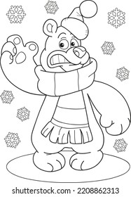 Coloring page outline of cartoon cute bear with snowflakes. Colorful vector illustration, winters coloring book for kids.