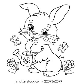 Coloring Page Outline Of cartoon cute bunny or rabbit with a watering can and with flowers and butterflies. Coloring Book for kids.