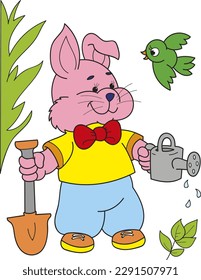 Coloring page outline of cartoon cute rabbit with a bird. Colorful vector illustration, summer coloring book for kids.