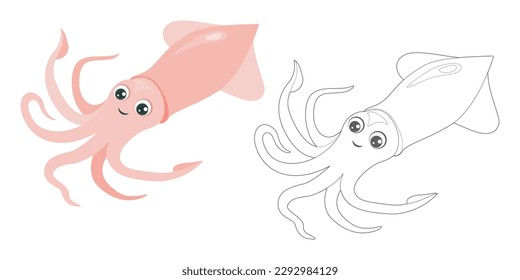 Coloring page outline of cartoon cute squid. Cartoon sea animal icon. Vector flat illustration. Coloring book for children.