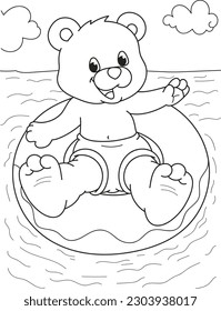 Coloring page outline of the cartoon cute bear on the sea. Colorful vector illustration, summer coloring book for kids.