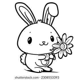 Coloring page outline of cartoon cute little rabbit with the big flower. Colorful vector illustration, summer coloring book for kids.