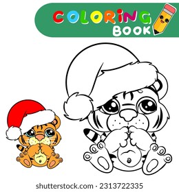 Coloring page outline of cartoon  Cute little tiger. Colorful christmas vector illustration. Winter coloring book for kids. Black and white vector illustration for coloring book. 