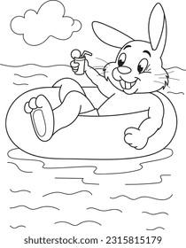 Coloring page outline of the cartoon cute rabbit in the sea. Colorful vector illustration, summer coloring book for kids.