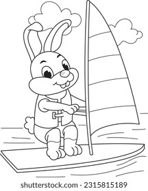 Coloring page outline of cartoon cute little rabbit with sailboard. Colorful vector illustration, summer coloring book for kids.