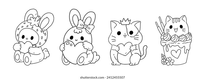 Coloring page outline cartoon cute rabbit, Bunny drawing abstract minimal, For coloring book, Vector illustration.