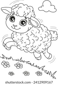 Coloring page outline of cartoon cute little baby sheep. Colorful vector illustration, summer coloring book for kids.