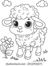 Coloring page outline of cartoon cute little baby sheep. Colorful vector illustration, summer coloring book for kids.