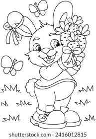 Coloring page outline of cartoon cute little rabbit with with carrots and butterflies. Colorful vector illustration, summer coloring book for kids.