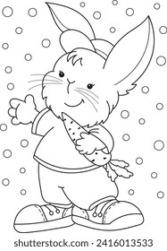 Coloring page outline of the cartoon cute rabbit with a carrot. Colorful vector illustration, summer coloring book for kids.