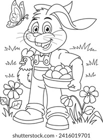 Coloring page outline of the cartoon cute rabbit with chicken, butterfly and eggs. Colorful vector illustration, summer coloring book for kids.