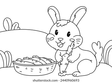 Coloring Page Outline Of cartoon cute bunny or rabbit with carrot. Animals. Printable Coloring Book for kids