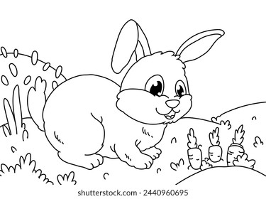 Coloring Page Outline Of cartoon cute bunny or rabbit with carrot. Animals. Printable Coloring Book for kids