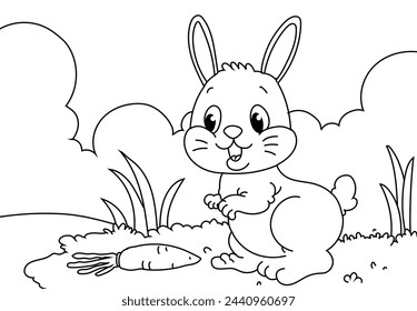 Coloring Page Outline Of cartoon cute bunny or rabbit with carrot. Animals. Printable Coloring Book for kids