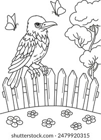 Coloring page outline of cartoon cute crow. Colorful vector illustration, summer coloring book for kids.