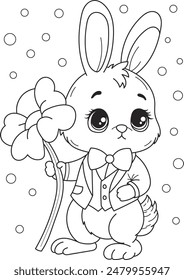 Coloring page outline of the cartoon cute little rabbit with a big flower. Colorful vector illustration, summer coloring book for kids.