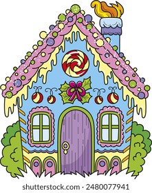 Coloring page outline of the cartoon cute little gingerbread house in the forest from fairytale. Colorful vector illustration, summer coloring book for kids.