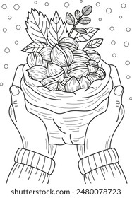 Coloring page outline of cartoon cute nuts in hands. Colorful vector illustration, summer coloring book for kids.