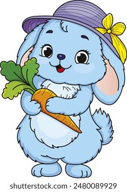 Coloring page outline of the cartoon cute rabbit with carrot. Colorful vector illustration, summer coloring book for kids.