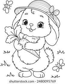 Coloring page outline of the cartoon cute rabbit with carrot. Colorful vector illustration, summer coloring book for kids.