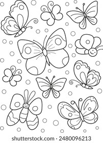 Coloring page outline of cartoon cute butterflies. Colorful vector illustration, summer coloring book for kids.