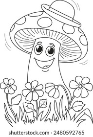 Coloring page outline of the cartoon cute mushroom with flowers. Colorful vector illustration, summer coloring book for kids.