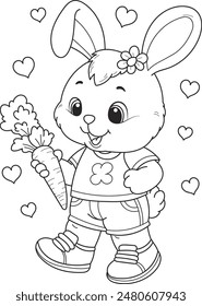 Coloring page outline of the cartoon cute rabbit with carrot. Colorful vector illustration, summer coloring book for kids.