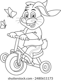 Coloring page outline of the cartoon cute little rabbit with a bicycle. Colorful vector illustration, summer coloring book for kids.