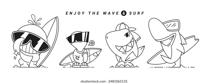 Dibujos animados para colorear, Conjunto de surfistas de animales lindos de dibujos animados, Personajes dibujados a mano divertidos para niños, ilustración de dibujos animados de Vector. ballena, tortuga, tiburón y delfín en Vector de fondo blanco.