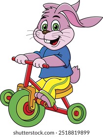 Coloring page outline of the cartoon cute little rabbit with a bicycle. Colorful vector illustration, summer coloring book for kids.