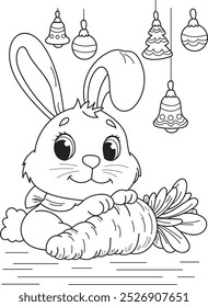 Coloring page outline of the cartoon cute rabbit with carrot. Colorful vector illustration, christmas coloring book for kids.