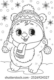 Coloring page outline of the cartoon cute bear with snowflakes. Colorful vector illustration, winters coloring book for kids.