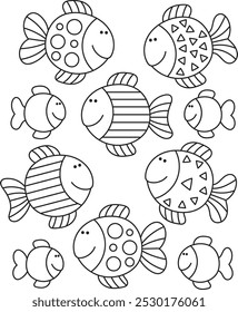 Coloring page outline of cartoon cute fish. Colorful vector illustration, summer coloring book for kids.
