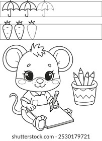 Colorindo o contorno da página de desenho animado mouse bonito. Exercício educacional, planilha pré-escolar para praticar habilidades motoras finas, traçando linhas tracejadas, ilustração vetorial colorida, livro de cores para crianças.