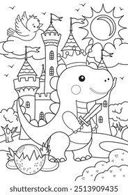 Coloring Page Outline Of Cartoon Dinosaur Fantasy Landscape With Castle