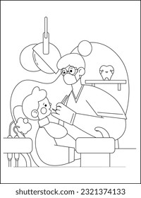 Coloring Page Outline Of cartoon doctor with a patients. Profession. Medicine. Coloring book for kids. Coloring Page Outline Of cartoon girl patient. Dental and oral care. Coloring Book or Page