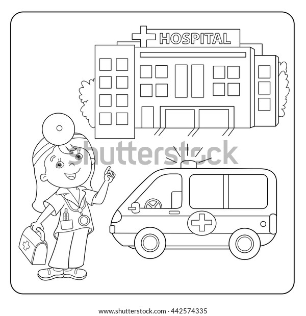 Coloring Page Outline Of\
cartoon doctor with first aid kit. Profession. Medicine. Coloring\
book for kids
