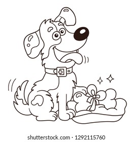 Coloring Page Outline Of cartoon dog with bone. Greeting card. Birthday. Valentine's day. Coloring book for kids.