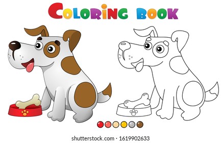 Coloring Page Outline of cartoon dog with bone. Pets. Coloring book for kids.