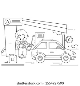 Coloring Page Outline Of cartoon driver with car on petrol station. Images transport or vehicle for children. Coloring book for kids. 