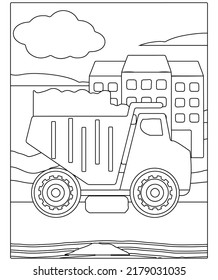 Coloring Page Outline Of cartoon Dump Truck. Construction vehicles. Coloring book for kids