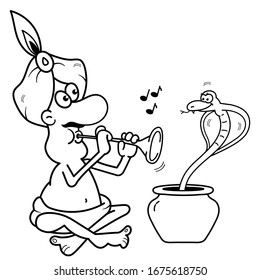 Coloring Page Outline of cartoon Fakir or snake Charmer with serpent. Coloring book for kids.