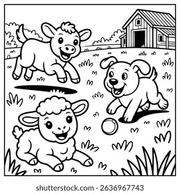 Coloring Page Outline Of cartoon farm animals on the field.