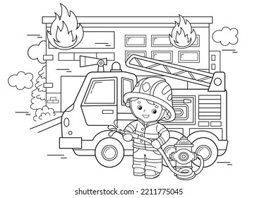 Esbozo de página de color del camión de bomberos de dibujos animados con bomberos o bomberos. Pelea de fuego. Transporte profesional. Libro de Colores para niños.