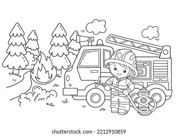 Coloring Page Outline Of cartoon fire truck with fireman or firefighter. Fire fighting. Professional transport. Coloring Book for kids.