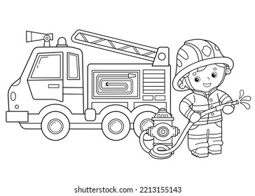 Farbseite Umriss von Cartoon Feuerwehrwagen mit Feuerwehrmann oder Feuerwehrmann. Brandbekämpfung. Professioneller Transport. Farbbuch für Kinder.