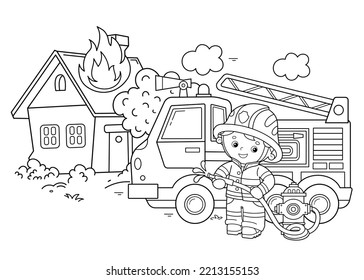 Farbseite Umriss von Cartoon Feuerwehrwagen mit Feuerwehrmann oder Feuerwehrmann. Brandbekämpfung. Professioneller Transport. Farbbuch für Kinder.